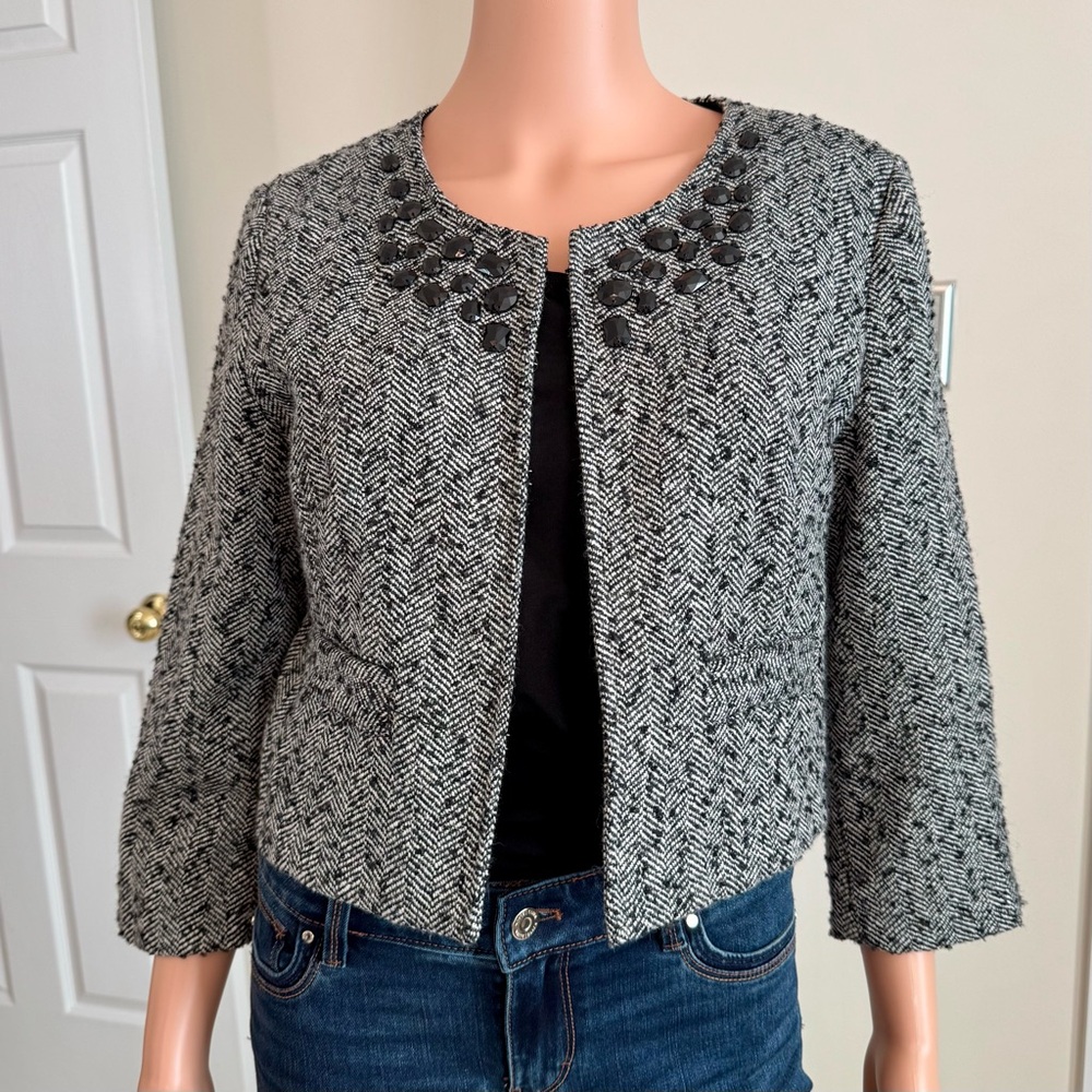 Vintage Beaded Jeweled Tweed Crop 3/4 Sleeve Blazer Retro Luxury Vibes Large